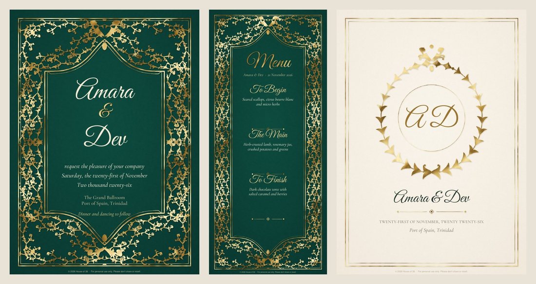 A blurred preview of the emerald and gold wedding suite