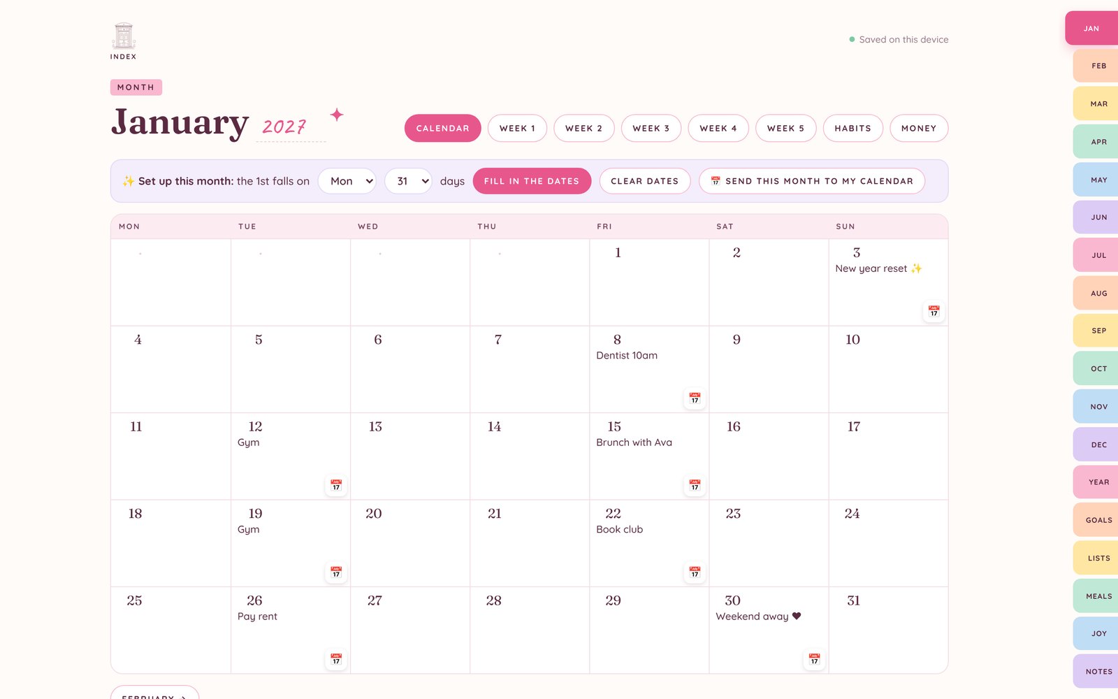 The Bubblegum Pocket Planner, monthly calendars that fill in their own dates